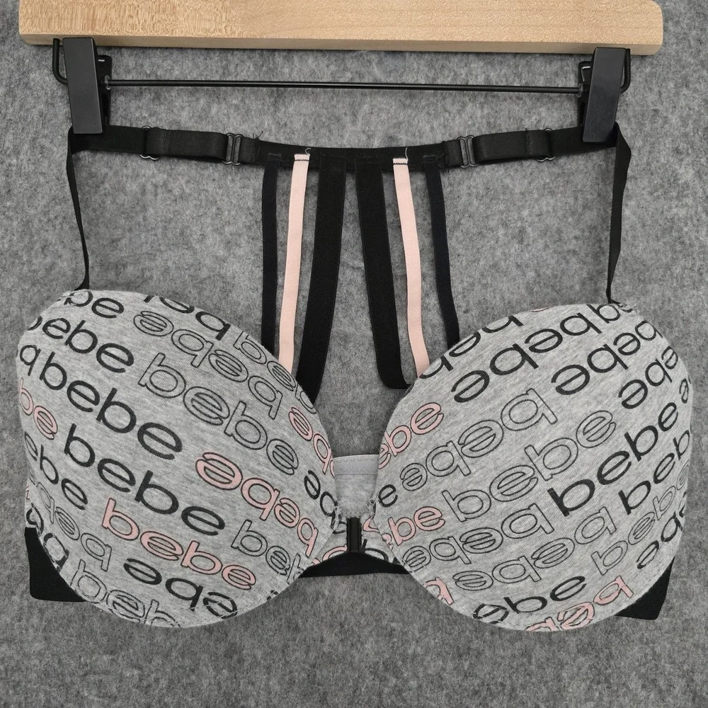 Bebe Bra Womens 38C Gray Logo Racerback Padded Underwire T-Shirt Front Closure